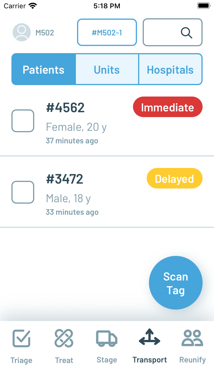 New Transport screen selecting Patients