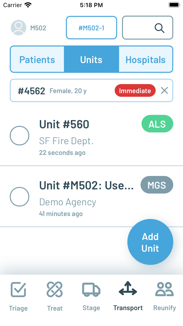 New Transport screen selecting transporting Unit